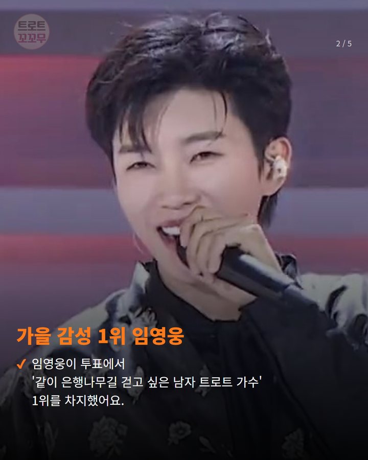 가을 감성 1위 임영웅 — 임영웅이 투표에서 '같이 은행나무길 걷고 싶은 남자 트로트 가수' 1위를 차지했어요. (임영웅, 가을 낭만 함께 걷고 싶은 스타 1위! 2번째 카드)