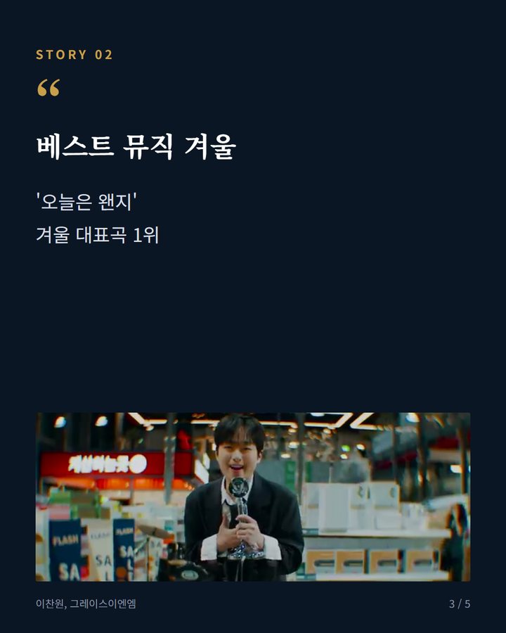베스트 뮤직 겨울 — '오늘은 왠지' 겨울 대표곡 1위 (이찬원, '2026 TMA' 초이스상·베스트뮤직 2관왕 3번째 카드)