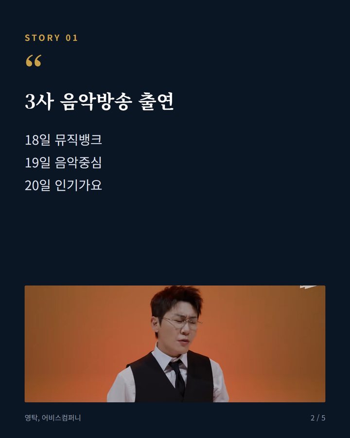 3사 음악방송 출연 — 18일 뮤직뱅크 19일 음악중심 20일 인기가요 (영탁 '꺾어', 지상파 3사 음악방송 접수…챌린지도 확산 2번째 카드)