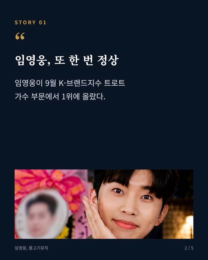 임영웅, 또 한 번 정상 — 임영웅이 9월 K-브랜드지수 트로트 가수 부문에서 1위에 올랐다. (임영웅, 9월 K-브랜드지수 트로트 가수 1위 지켜 2번째 카드)