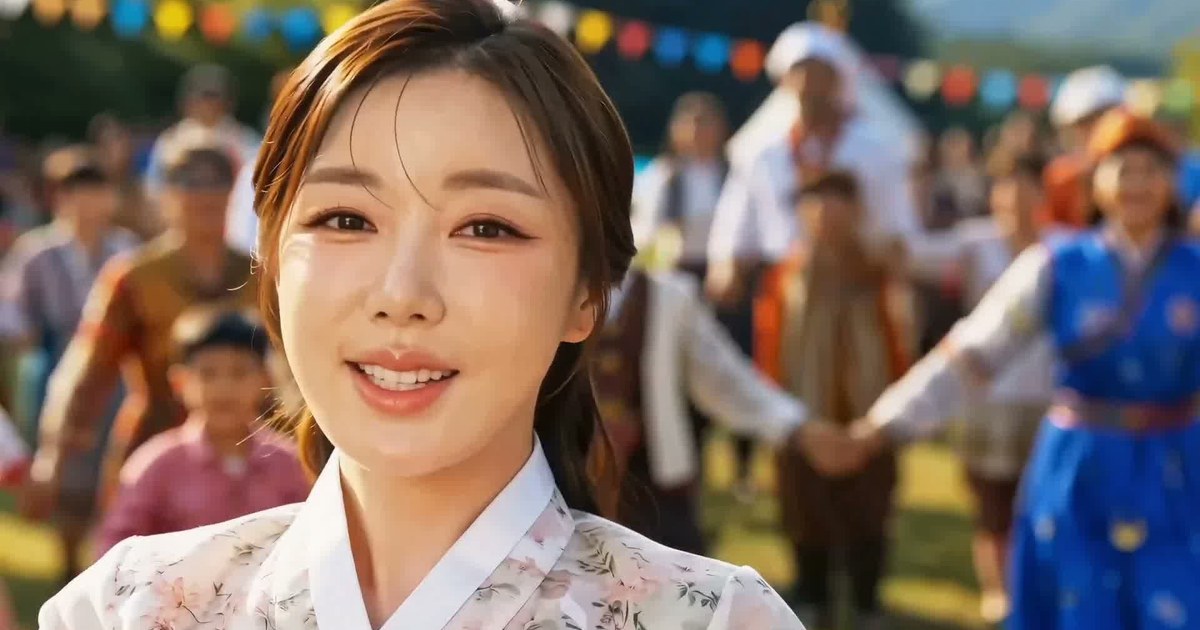 송가인이 한복을 입고 축제 현장에서 환하게 웃는 모습, 송가인 공식 유튜브 뮤직비디오 장면