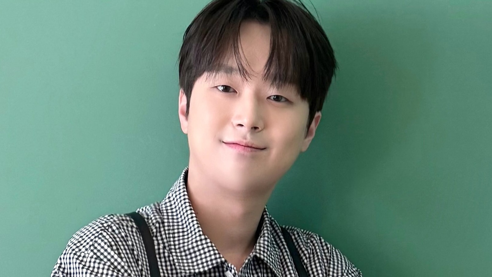 이찬원이 체크무늬 셔츠 차림으로 초록색 배경 앞에서 웃고 있는 모습